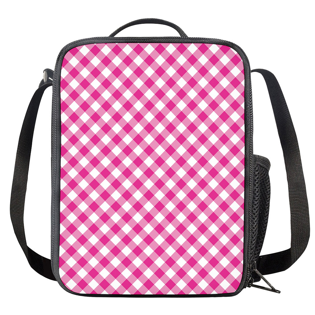 Magenta Pink And White Gingham Print Crossbody Lunch Bag