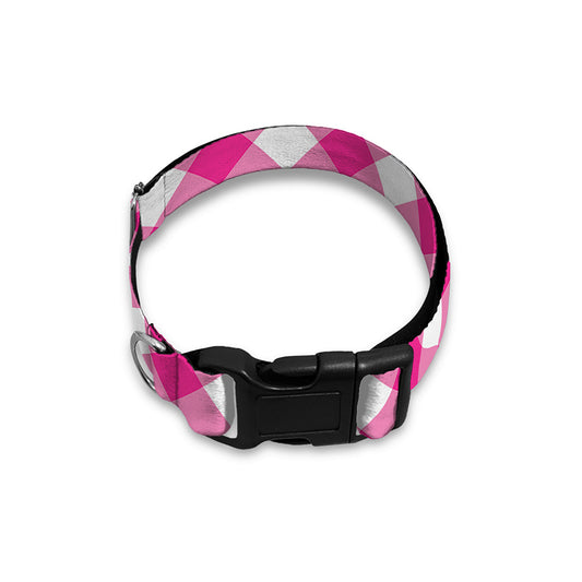 Magenta Pink And White Gingham Print Dog Collar