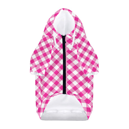 Magenta Pink And White Gingham Print Dog Zip Up Hoodie