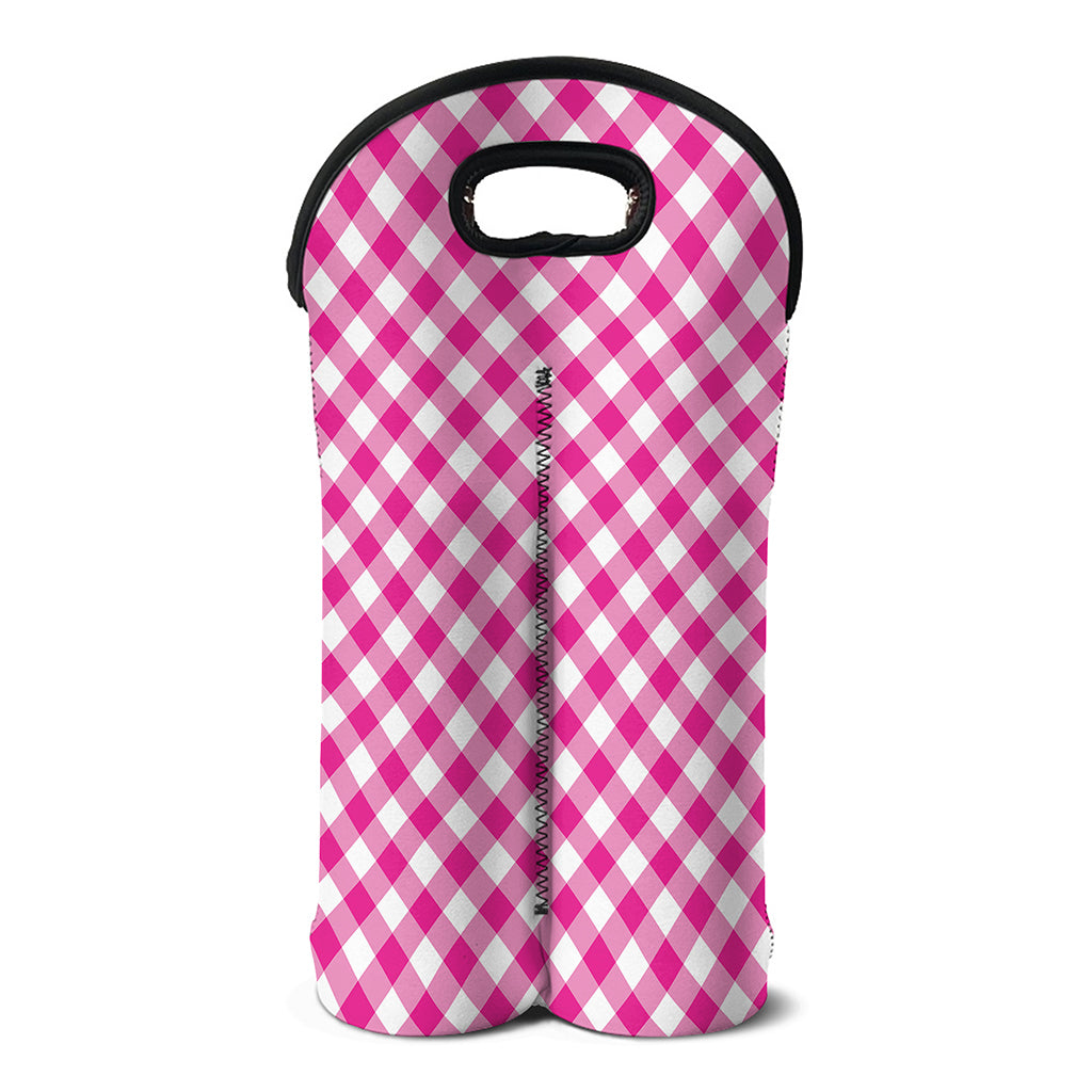 Magenta Pink And White Gingham Print Double Neoprene Wine Tote