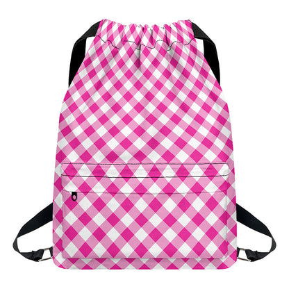 Magenta Pink And White Gingham Print Drawstring Backpack