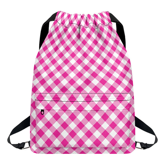 Magenta Pink And White Gingham Print Drawstring Backpack
