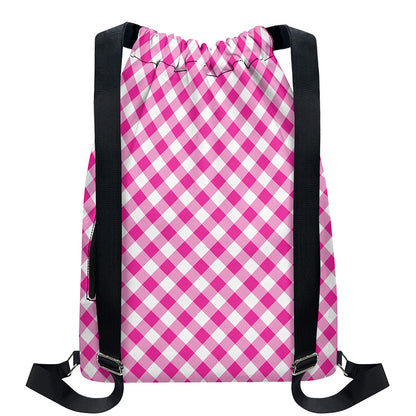 Magenta Pink And White Gingham Print Drawstring Backpack