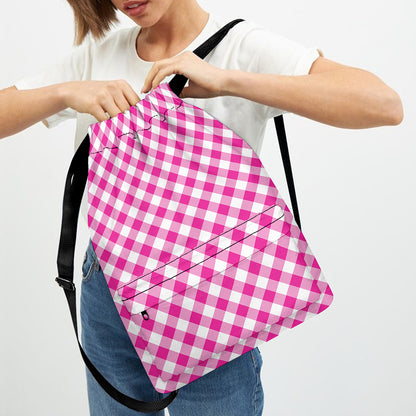 Magenta Pink And White Gingham Print Drawstring Backpack