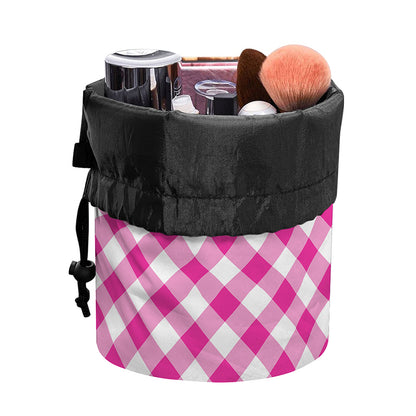 Magenta Pink And White Gingham Print Drawstring Makeup Bag