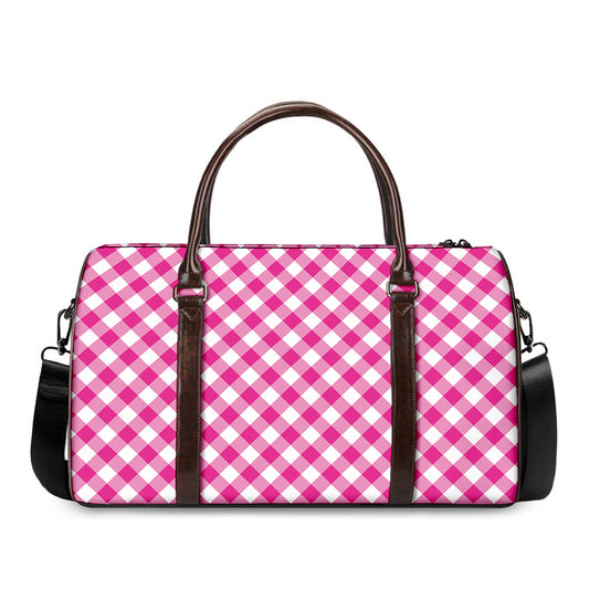 Magenta Pink And White Gingham Print Duffle Bag