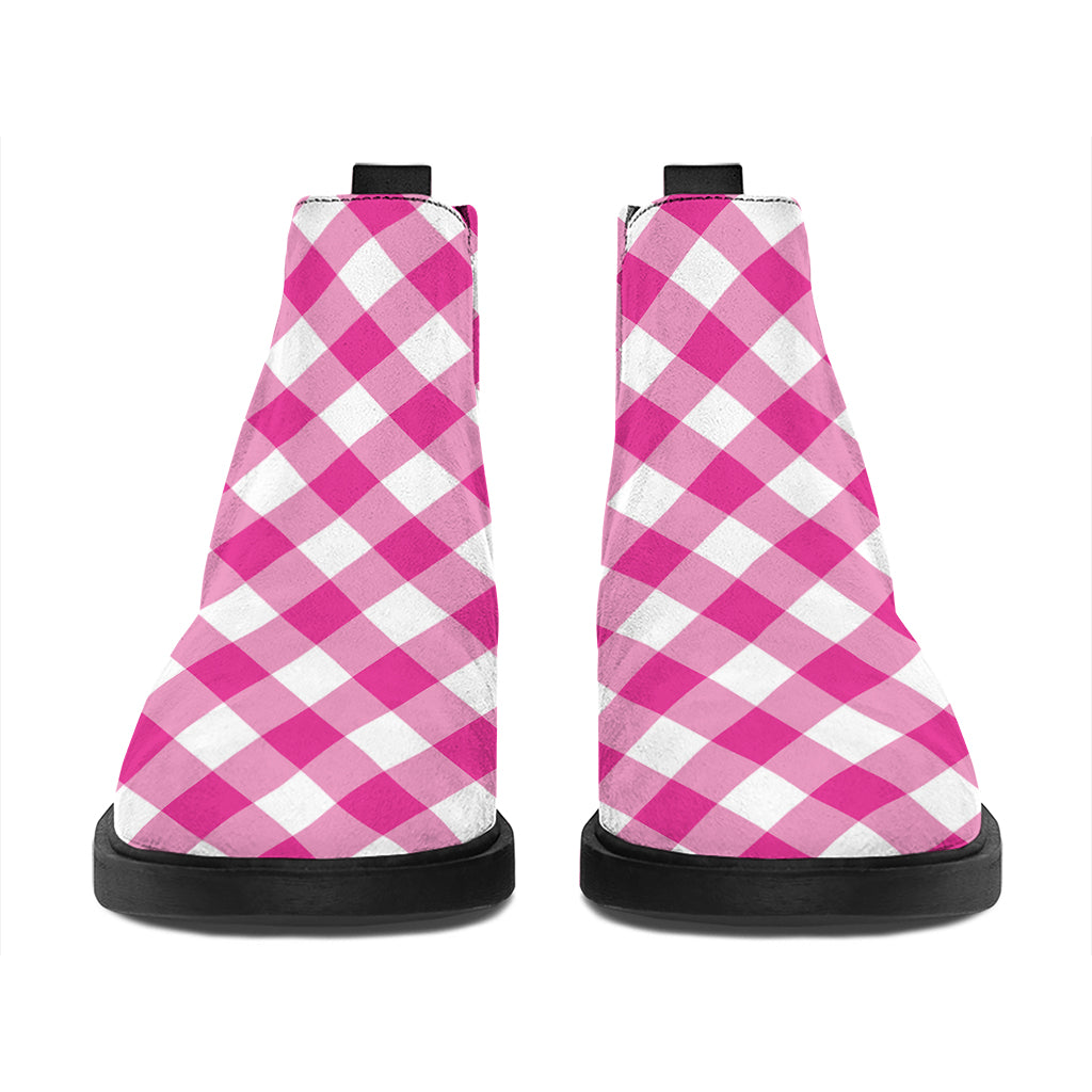 Magenta Pink And White Gingham Print Flat Ankle Boots