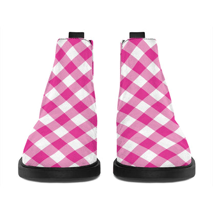 Magenta Pink And White Gingham Print Flat Ankle Boots