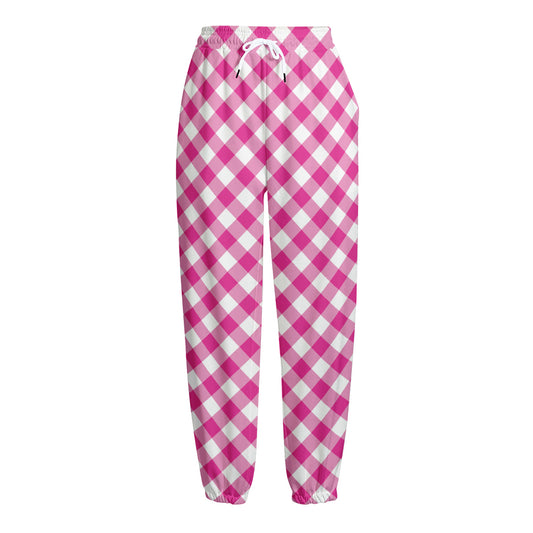 Magenta Pink And White Gingham Print Fleece Lined Knit Pants