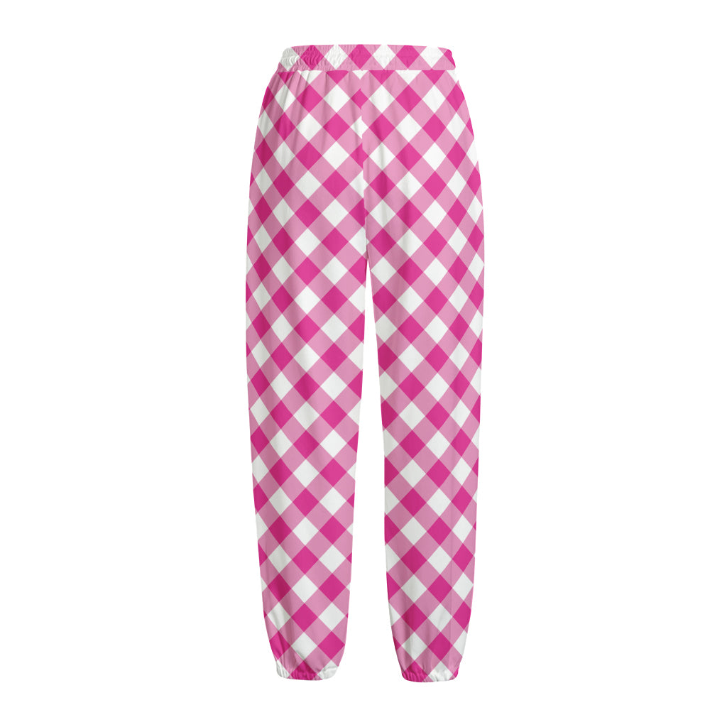 Magenta Pink And White Gingham Print Fleece Lined Knit Pants