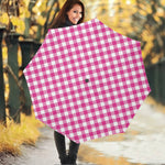 Magenta Pink And White Gingham Print Foldable Umbrella