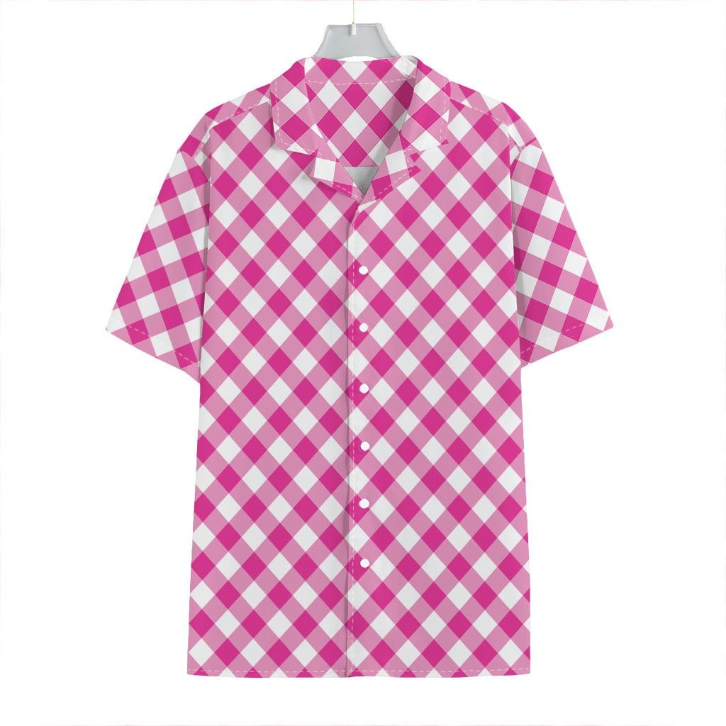 Magenta Pink And White Gingham Print Hawaiian Shirt