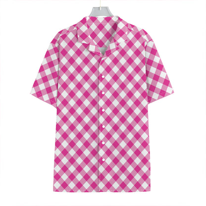 Magenta Pink And White Gingham Print Hawaiian Shirt
