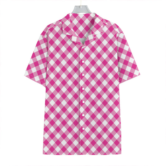 Magenta Pink And White Gingham Print Hawaiian Shirt