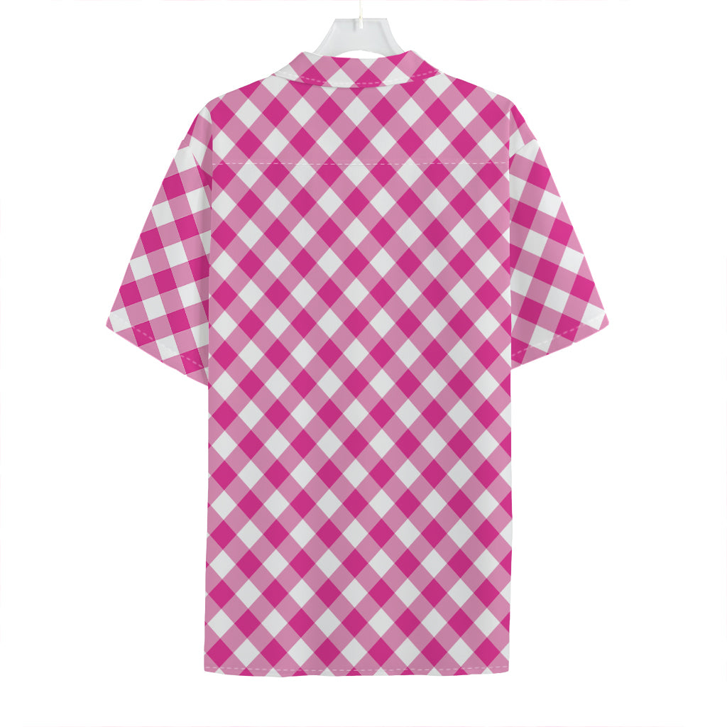 Magenta Pink And White Gingham Print Hawaiian Shirt
