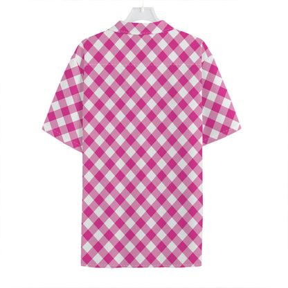 Magenta Pink And White Gingham Print Hawaiian Shirt