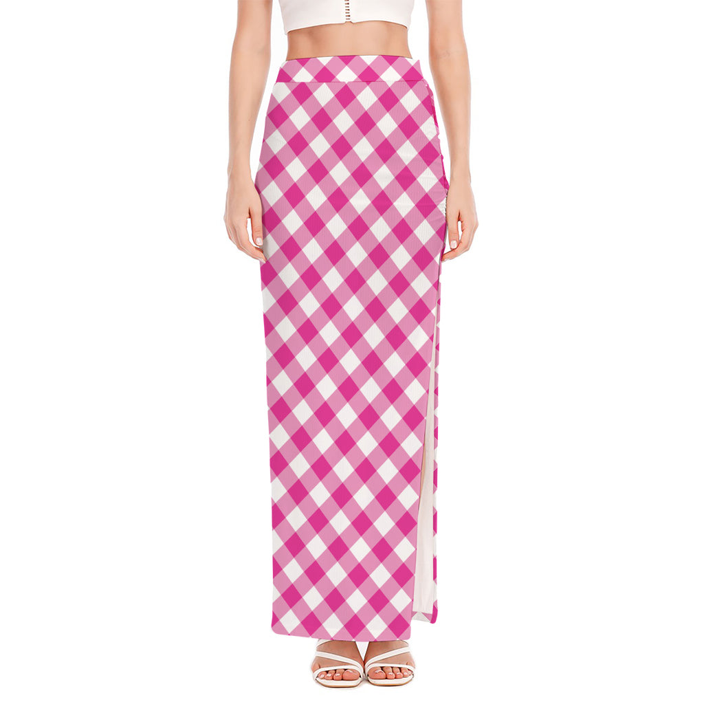 Magenta Pink And White Gingham Print High Slit Maxi Skirt