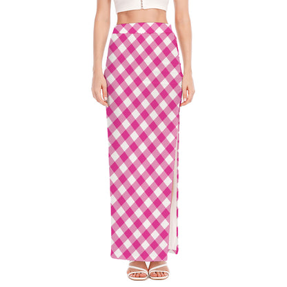 Magenta Pink And White Gingham Print High Slit Maxi Skirt