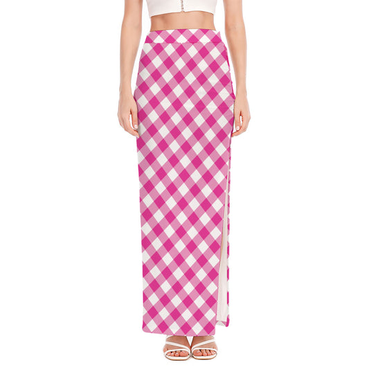 Magenta Pink And White Gingham Print High Slit Maxi Skirt