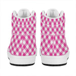 Magenta Pink And White Gingham Print High Top Leather Sneakers