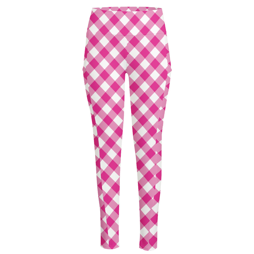 Magenta Pink And White Gingham Print High-Waisted Pocket Leggings