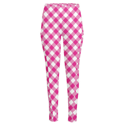 Magenta Pink And White Gingham Print High-Waisted Pocket Leggings