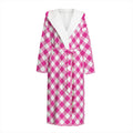 Magenta Pink And White Gingham Print Hooded Bathrobe