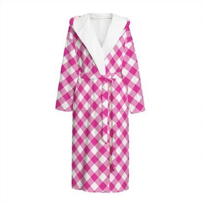 Magenta Pink And White Gingham Print Hooded Bathrobe