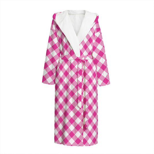 Magenta Pink And White Gingham Print Hooded Bathrobe