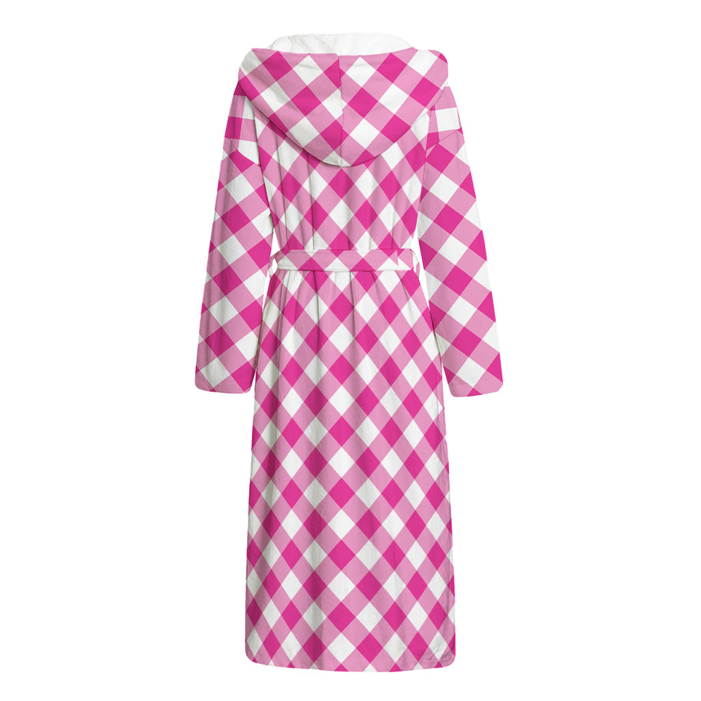Magenta Pink And White Gingham Print Hooded Bathrobe