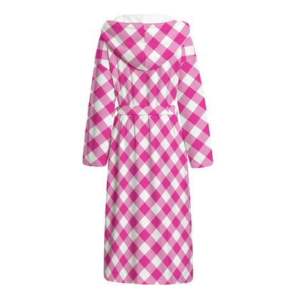 Magenta Pink And White Gingham Print Hooded Bathrobe