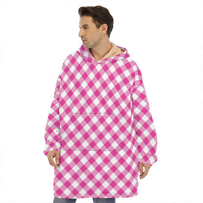 Magenta Pink And White Gingham Print Hoodie Blanket