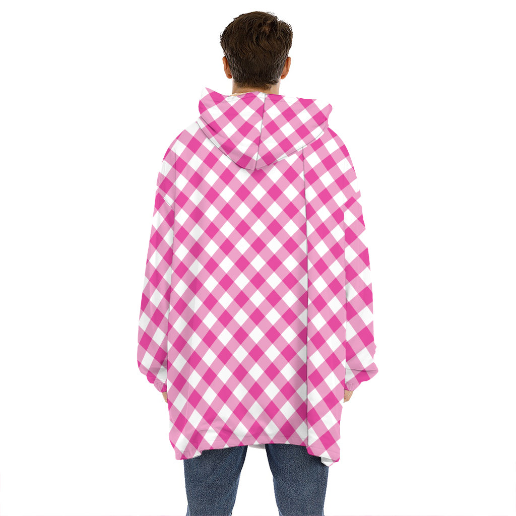 Magenta Pink And White Gingham Print Hoodie Blanket