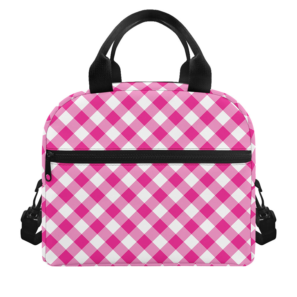 Magenta Pink And White Gingham Print Insulated Lunch Bag