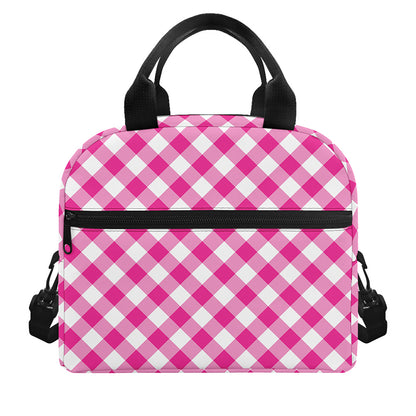 Magenta Pink And White Gingham Print Insulated Lunch Bag