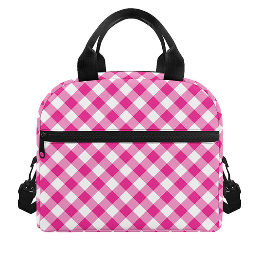 Magenta Pink And White Gingham Print Insulated Lunch Bag