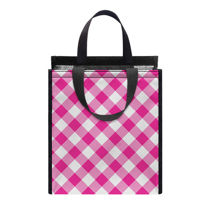 Magenta Pink And White Gingham Print Insulated Lunch Tote
