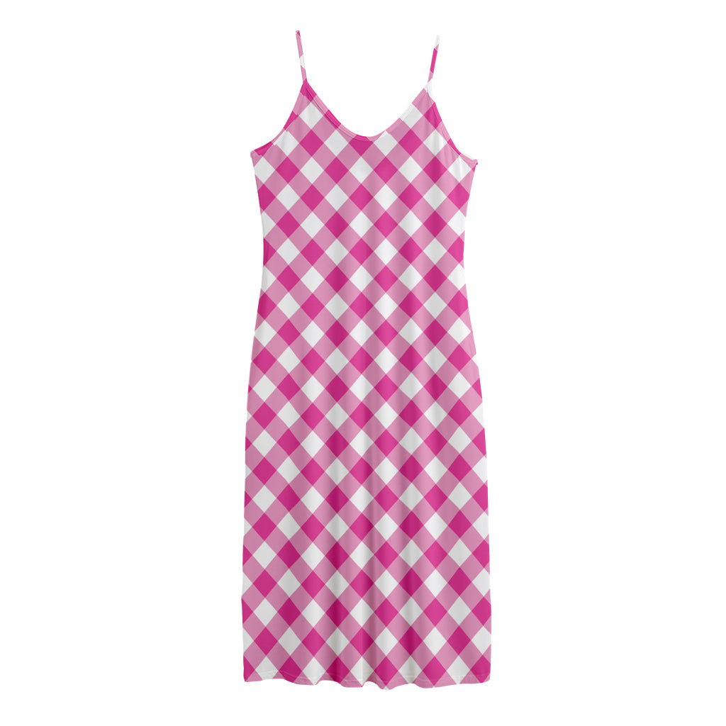 Magenta Pink And White Gingham Print Jersey Midi Cami Dress