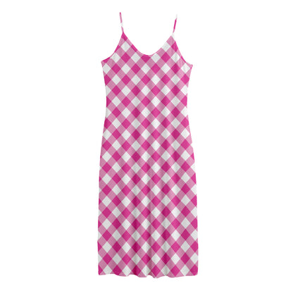 Magenta Pink And White Gingham Print Jersey Midi Cami Dress