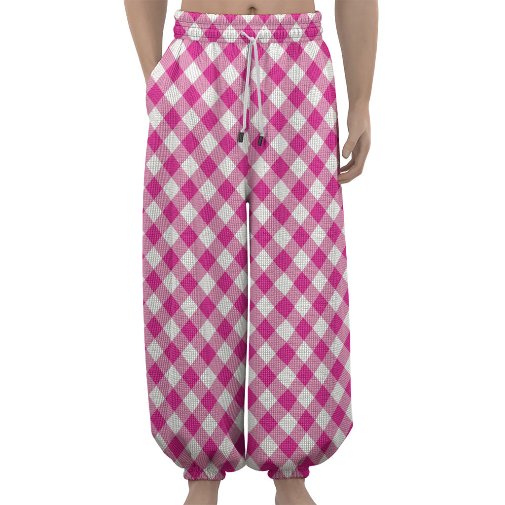 Magenta Pink And White Gingham Print Lantern Pants