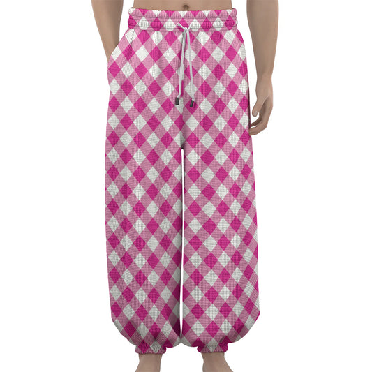 Magenta Pink And White Gingham Print Lantern Pants