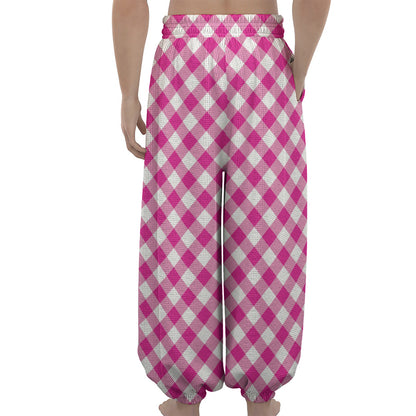 Magenta Pink And White Gingham Print Lantern Pants