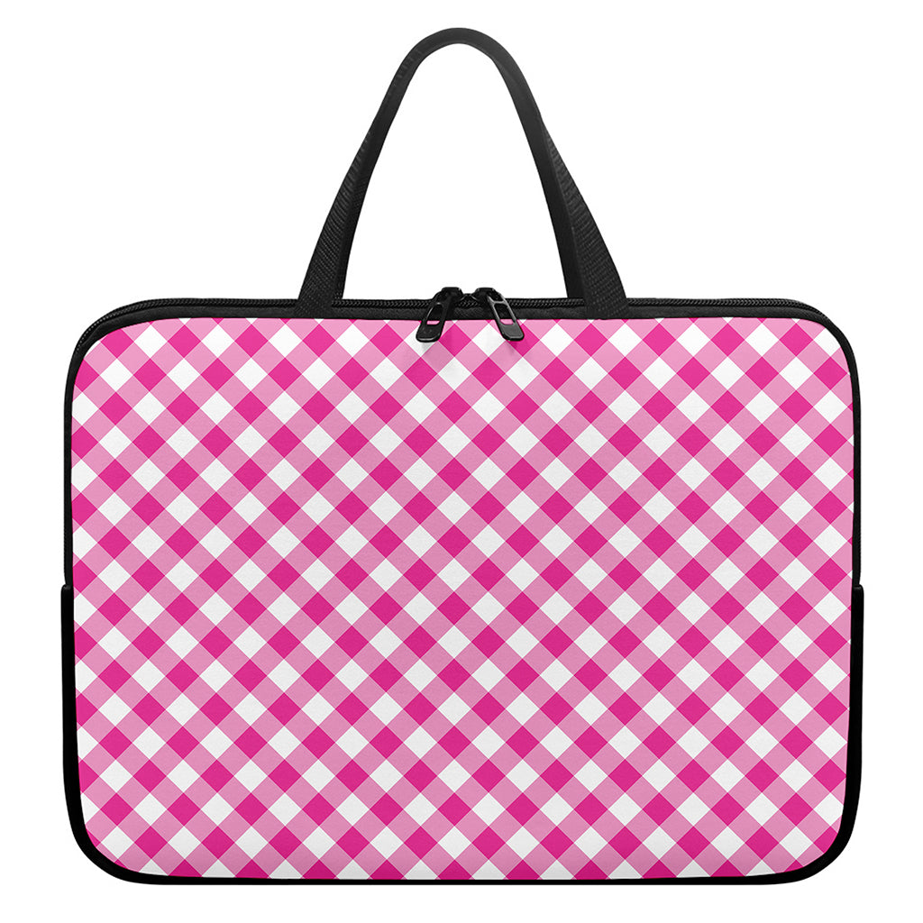 Magenta Pink And White Gingham Print Laptop Sleeve With Handle