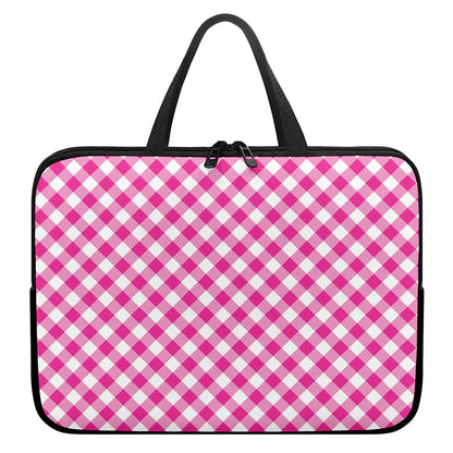 Magenta Pink And White Gingham Print Laptop Sleeve With Handle