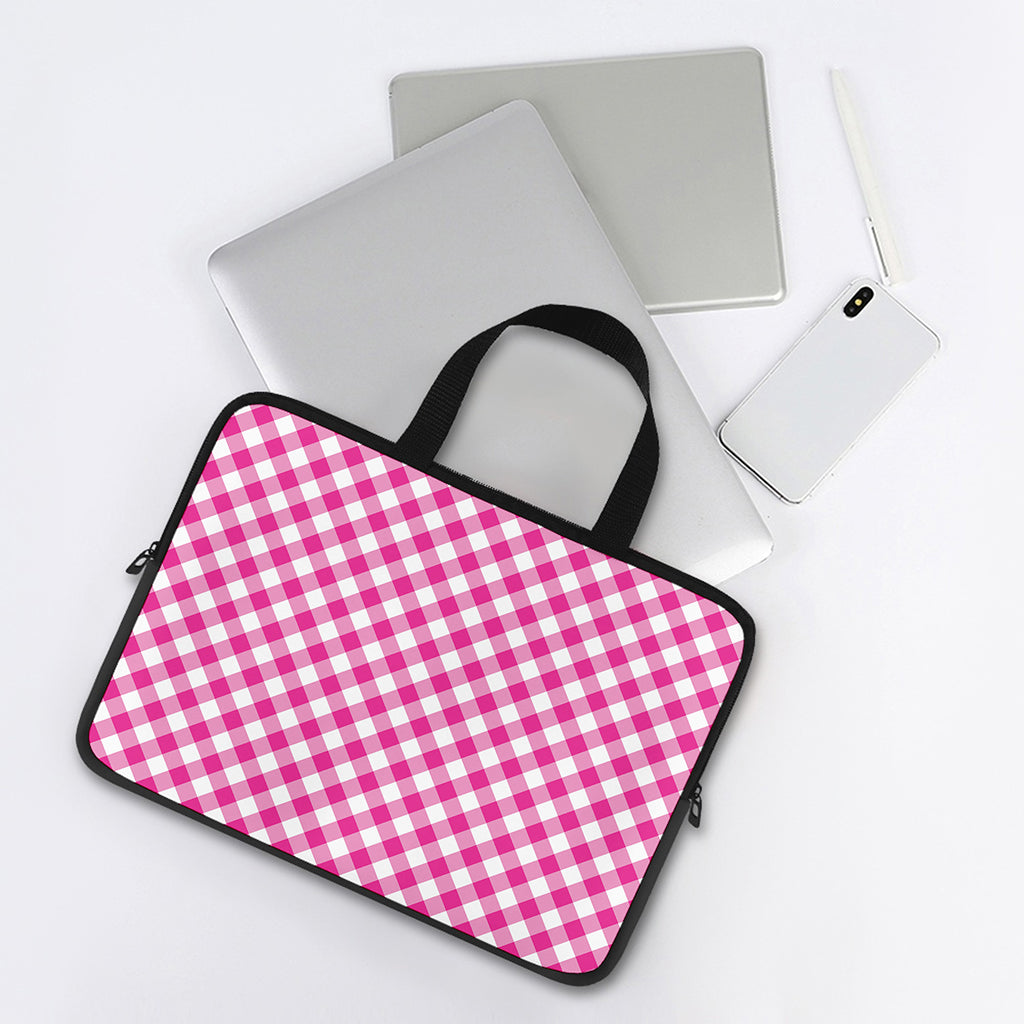 Magenta Pink And White Gingham Print Laptop Sleeve With Handle