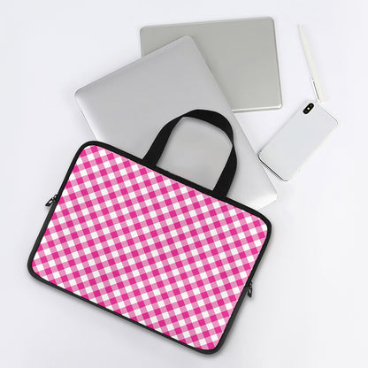 Magenta Pink And White Gingham Print Laptop Sleeve With Handle