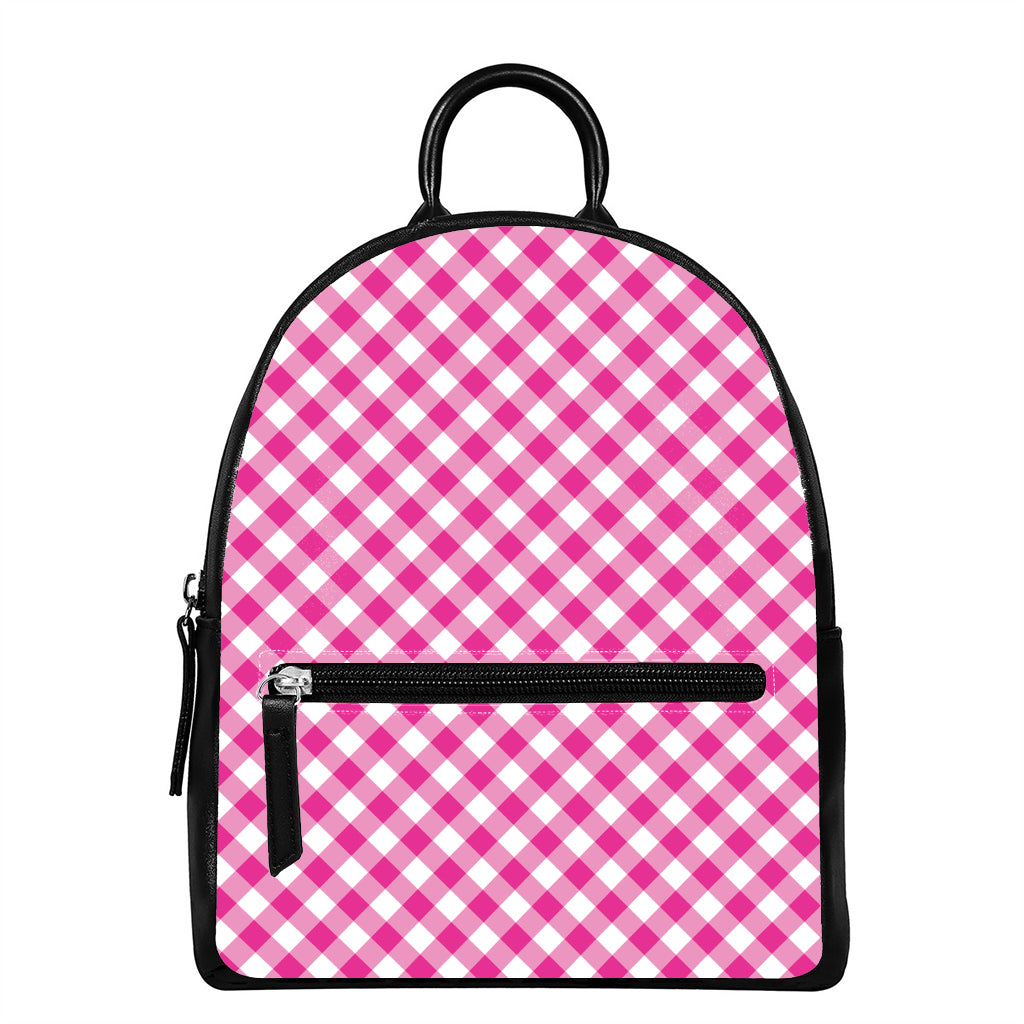Magenta Pink And White Gingham Print Leather Backpack