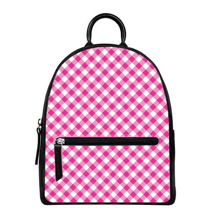 Magenta Pink And White Gingham Print Leather Backpack