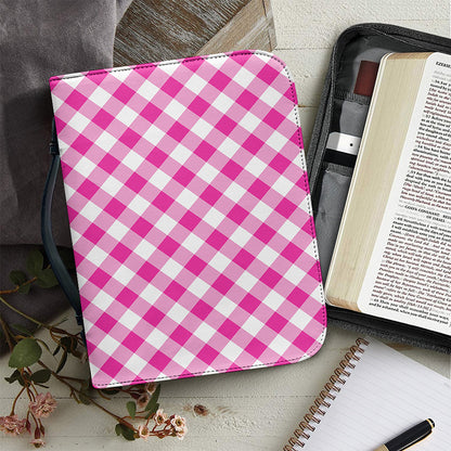 Magenta Pink And White Gingham Print Leather Bible Cover