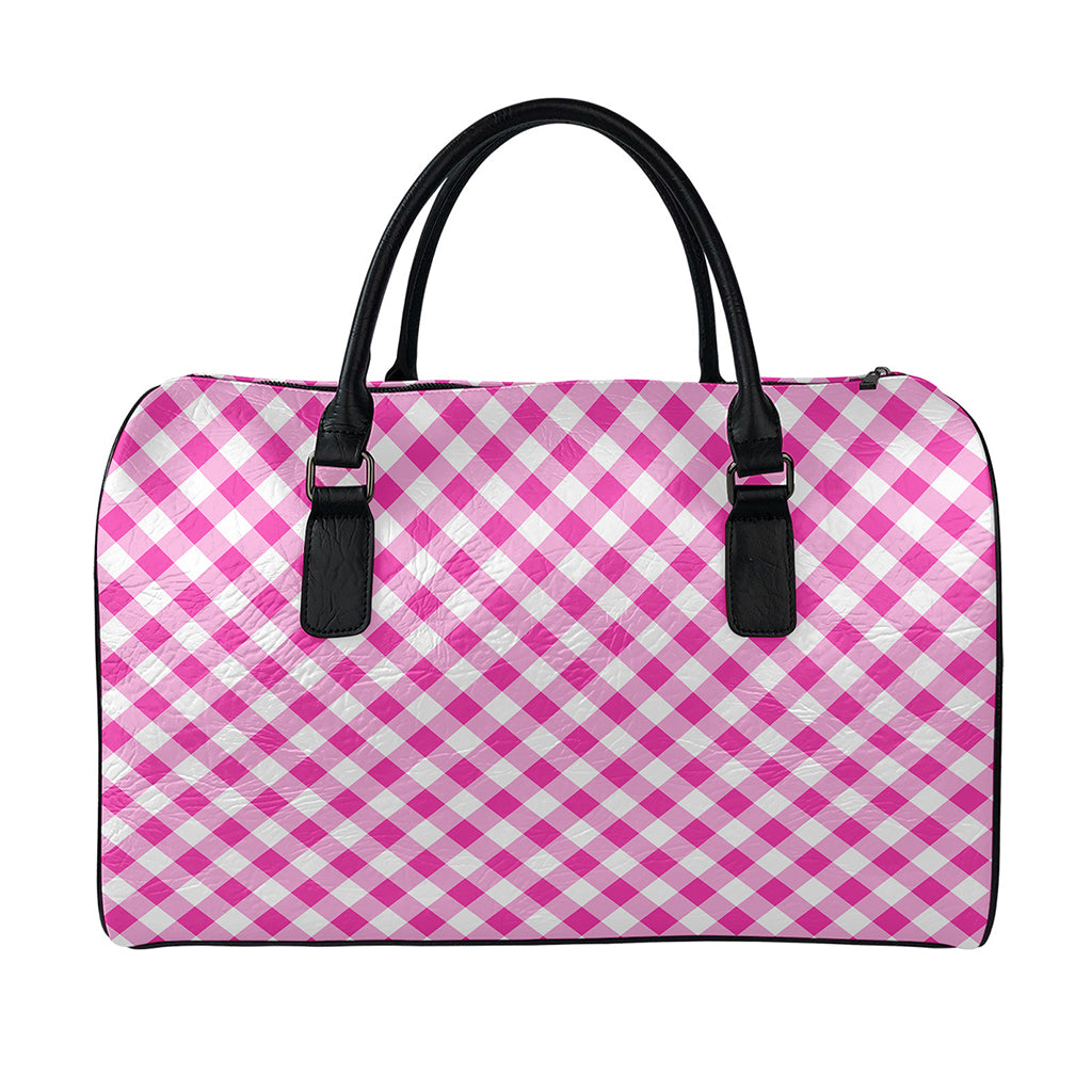 Magenta Pink And White Gingham Print Leather Duffle Bag